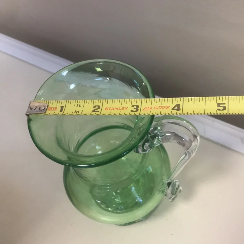 Vintage Signed Green Handblown Glass Pitcher w/ Applied‎ Clear Glass Handle&Base